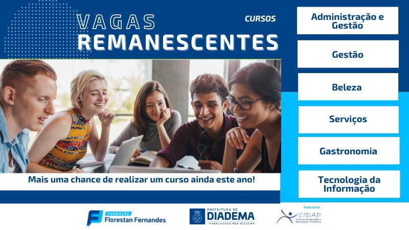 Vagas remanescentes para cursos profissionalizantes gratuitos na Fundação Florestan Fernandes em Diadema