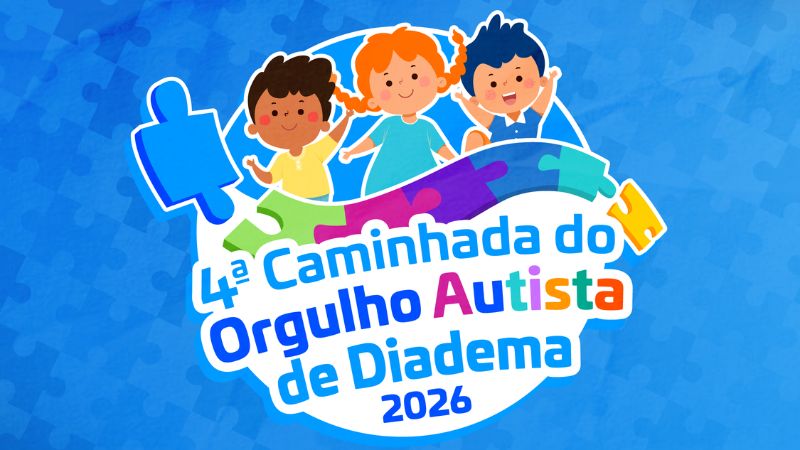 Cartaz da 4ª Caminhada do Orgulho Autista de Diadema 2026 com ilustração colorida de crianças promovendo conscientização sobre o Transtorno do Espectro Autista