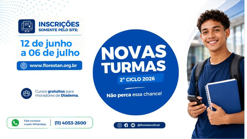 Arte de divulgação da Florestan Fernandes com inscrições para 27 cursos profissionalizantes gratuitos em Diadema.